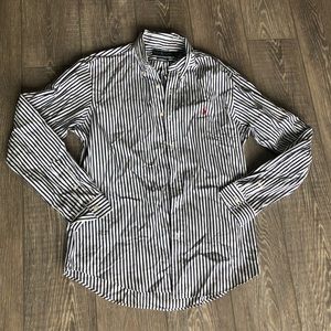 Navy and White Striped Button Up Polo Shirt